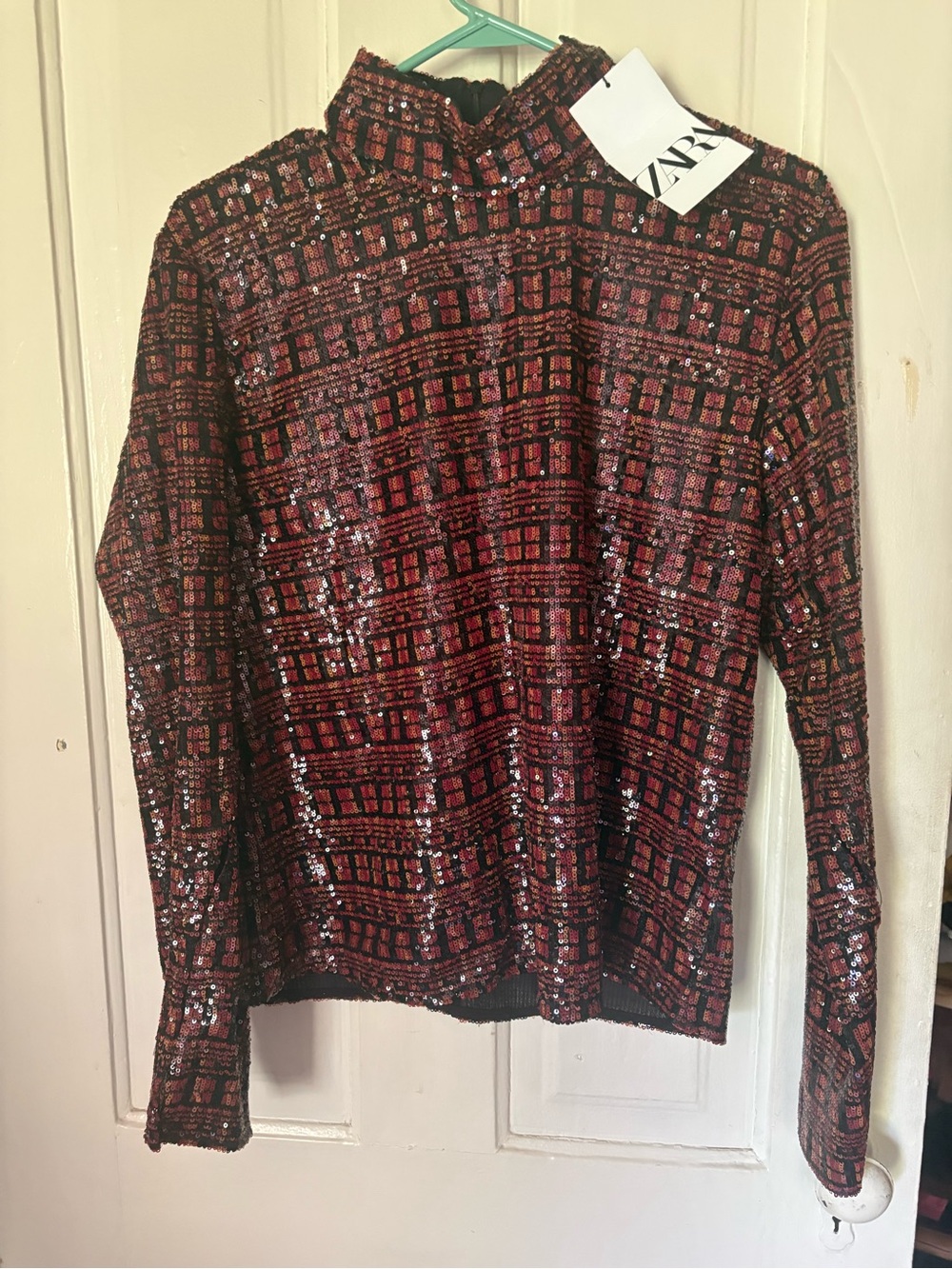 Zara Burgundy Sequin Grid Mock-Neck Top size Large NWT